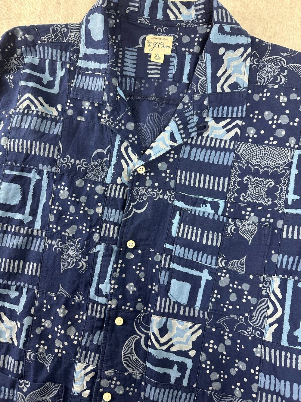J.Crew Blue Indigo-dyed Indian Madras Patchwork Camp Loop Collar Shirt Men's XL - Picture 1 of 11